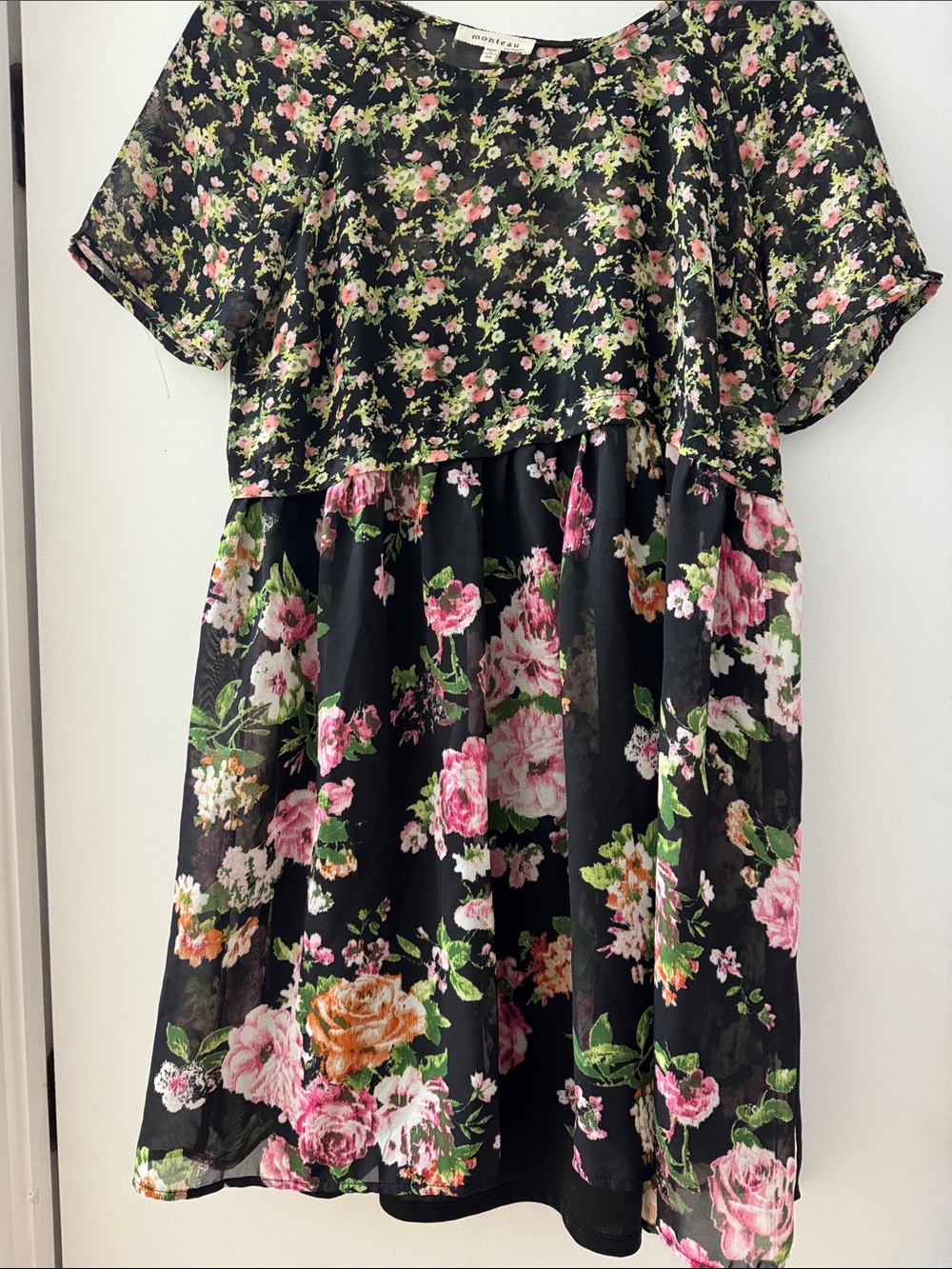Monteau Black Floral Short-Sleeve Casual Dress - Pink & Green Print